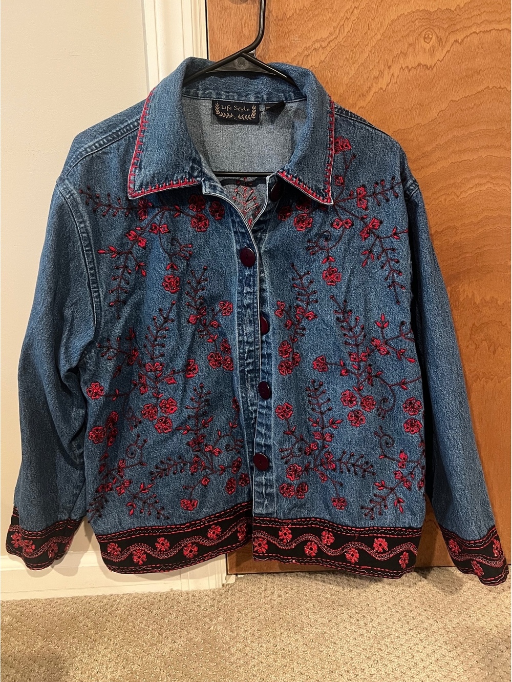 Vintage Denim Embroidered Floral Button Down Shirt
